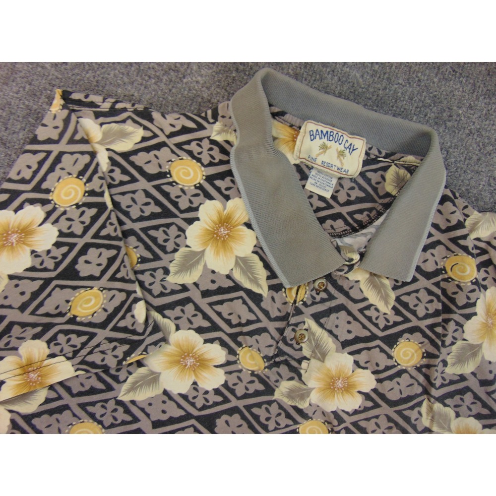 Bamboo Cay Polo Shirt Mens‎ Large Floral Geometric Grey Yellow Resortwear Tropic